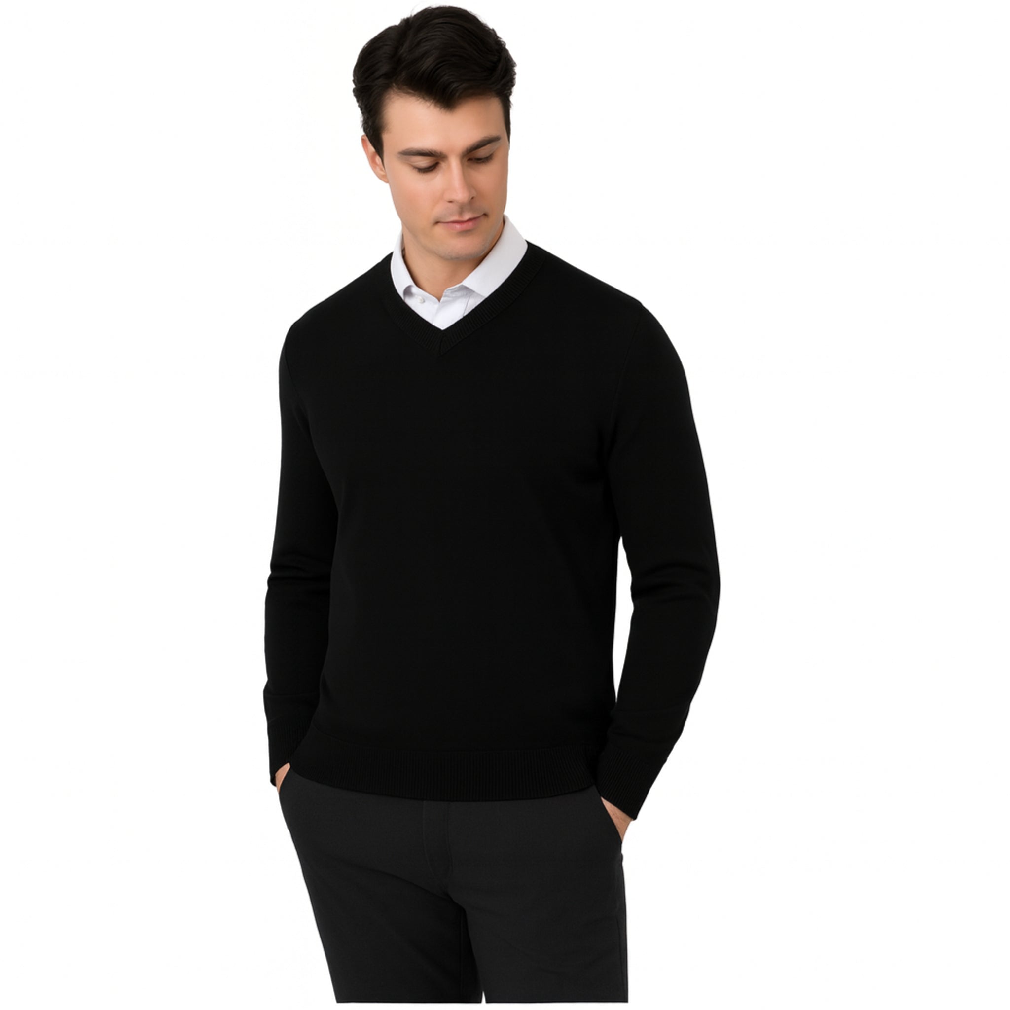 Men’s classic black v-neck jumper – soft knit pullover sweater with long sleeves